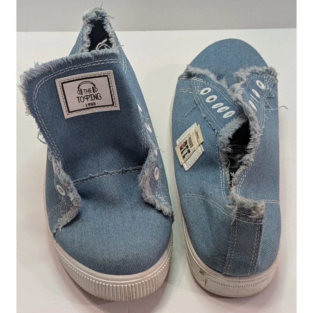 110 Denim Slip On Sneakers Women 41 Blue Good Distressed Frayed Laceless Low Top